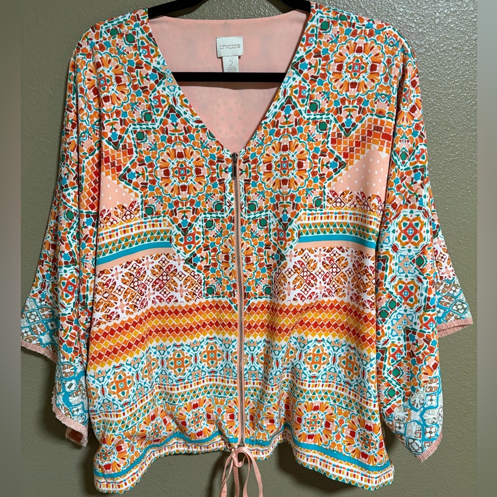 Chico's Tile-Print Jacket Size 2 Peach Teal Full Zip Dolman Loose Sleeve Mosaic